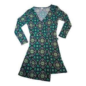 All for Color Green Wrap-Style Long Sleeve Dress, Size L